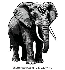 An Elephant With a Large Tusk and a Large Tusk With a Sign on It.