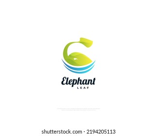 Elephant Leaf Logo. Elephant Logo with Leaf Proboscis, Swimming in the Pool