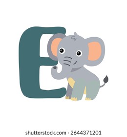 Elephant with Letter E Animal Alphabet Flat Design Vector Illustration