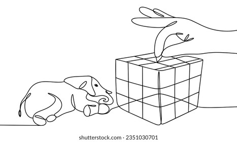 The elephant lies on the ground. Next to him is a hand holding a cage. Elephant protection from captivity. World Day of Elephant Protection. One line drawing for different uses. Vector illustration.