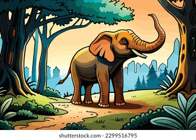 an elephant is lifting its trunk in the middle of the forest.