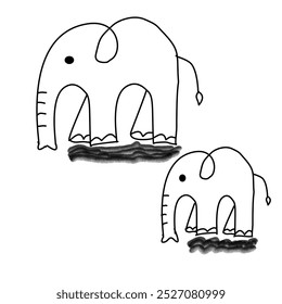 Elephant line drawing. Black line drawing. There are two elephants, one small and one big, on a white background. Elephants are large animals with long trunks. They are the symbol of Thailand.