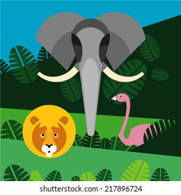 Elephant, lion and flamingo in jungle.