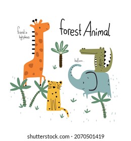 elephant lion giraffe crocodile tree palm leaf wildlife safari tropical green travel jungle summer sweet animal backgrounf line vector tee slogan illustration 