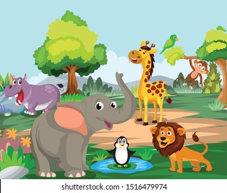 Elephant, lion, monkey, giraffe, hippo and penguin in jungle. Vector illustration