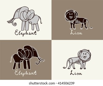 Elephant and lion on brown and beige background with an inscription