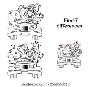 Elephant, lion, rhinoceros, giraffe and hippopotamus are riding an SUV on safari. Find 7 differences. Tasks for children. Vector illustration