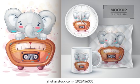 Elephant listen music poster and merchandising. Vector eps 10