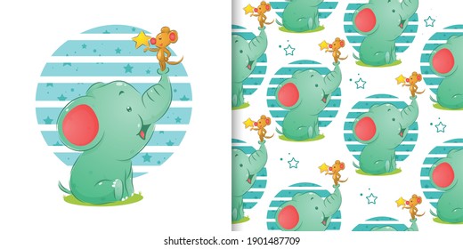 The the elephant and little mouse holding a star for the seamless pattern set of illustration