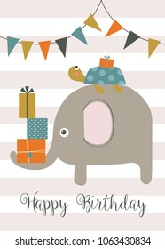 elephant and little turtle birthday greeting card