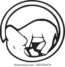 Elephant logo simple hand drawing illustration. Stylized cartoonish outline pen drawing mammal sign. Africa baby elephant relaxed sleeping in a circle authentic logo drawing.