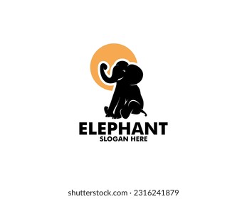 Elephant logo vector, Sit Elephant with sun logo design template