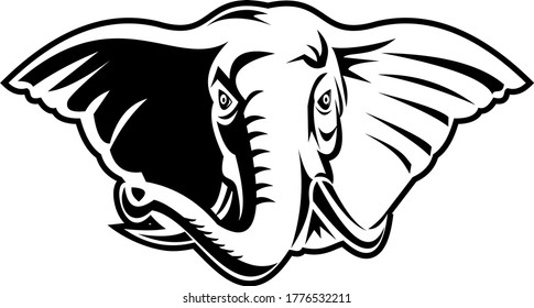 Elephant With Long Tusks Head Front Mascot Retro Black and White