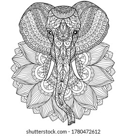 Elephant And Lotus Flower.
Zentangle Stylized Cartoon Isolated On White Background. 
Hand Drawn Sketch Illustration For Adult Coloring Book. 
