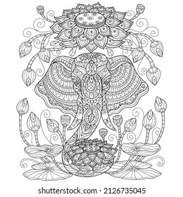 Elephant and lotus. Hand drawn sketch illustration for adult coloring book