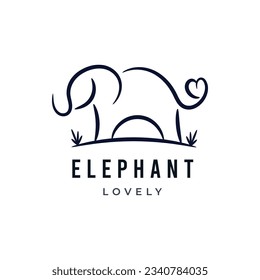Elephant love heart tail simple line logo design. Cute hand drawn sketch doodle vector illustration
