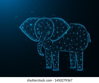 Elephant low poly model, African animal polygonal wireframe vector illustration on dark blue background