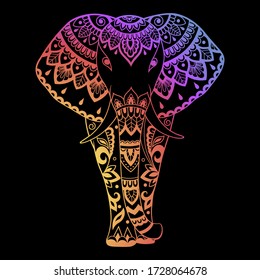 Elephant made a floral pattern with Oriental ornaments. Hand drawn decorative animal in Doodle style. Colored rainbow decoration on black background for stamp, cover, print, label and books.