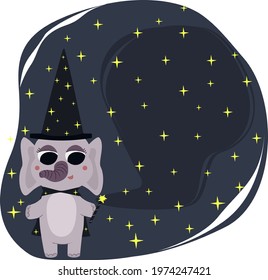 Elephant with magic wand, wizard cap and cloak