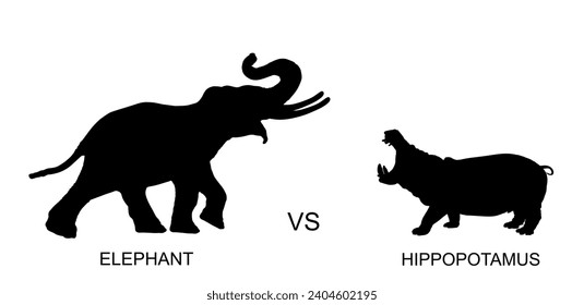 Elefantenmännchen auf Nilpferd, Vektorsilhouettengrafik einzeln auf Weiß. Afrikanisches Tierwarnsystem für Wilderer. Elefantensymbol. Safari-Attraktion. Starke, schwere Gegner-Schlacht auf dem Tränkplatz.