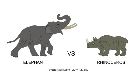 Elephant male against rhino vector illustration isolated on white background. African animal alert of poacher. Elephant symbol. Safari attraction. Strong heavy opponent battle on watering place.