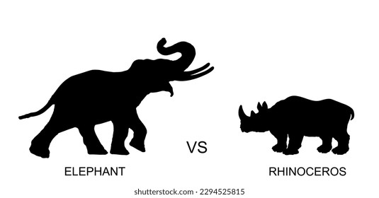 Elephant male against rhino vector silhouette illustration isolated on white background. African animal alert of poacher. Elephant shape shadow symbol. Safari attraction. Strong heavy opponent battle.