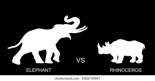 Elephant male against rhino vector silhouette illustration isolated on black background. African animal alert of poacher. Elephant shape shadow symbol. Safari attraction. Strong heavy opponent battle.