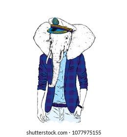 An elephant with a male body in a jacket. Vector illustration. Hipster.