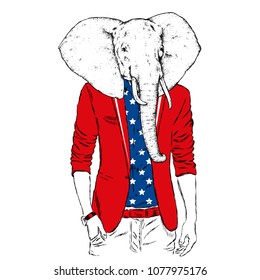 An elephant with a male body in a jacket. Vector illustration. Hipster.