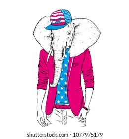 An elephant with a male body in a jacket. Vector illustration. Hipster.