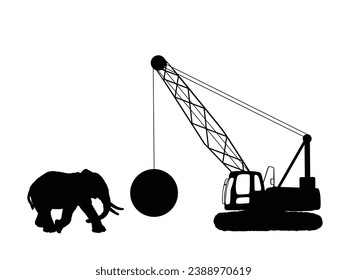 Elephant male natural power against industrial power wrecking ball crane vector silhouette illustration isolated on white. Safari African animal defense nature habitat against man occupation invasion.