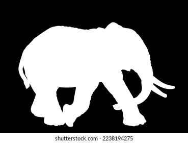 Ilustración de silueta vectorial macho elefante aislada en el fondo negro. Animal africano, alerta de cazador furtivo. Símbolo de sombra de forma de elefante. Atracción de Safari. 