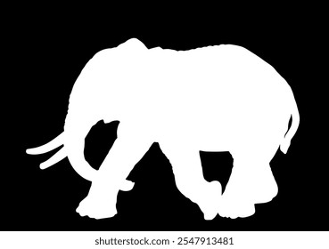 Elephant male vector silhouette illustration isolated on black background. African animal, alert of poacher. Elephant shape shadow symbol. Safari attraction. 