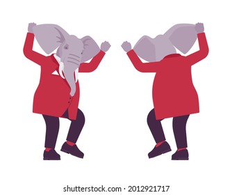 Elephant man, elegant mister, animal head stylish human mad and wild. Dressed up gentleman, large trunk, ivory tusks, wearing jacket. Vector flat style cartoon illustration, front and rear view