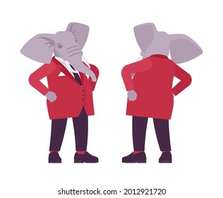 Elephant man, elegant mister, animal head stylish human standing. Dressed up gentleman having large trunk, ivory tusks, wearing jacket. Vector flat style cartoon illustration, front and rear view