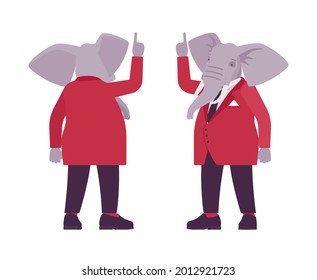 Elephant man, elegant mister, animal head stylish human attention gesture. Dressed up gentleman having large trunk, ivory tusks wearing jacket. Vector flat style cartoon illustration, front, rear view