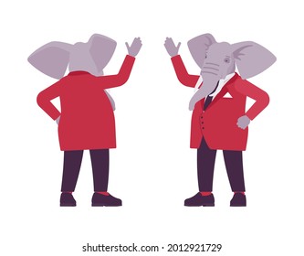 Elephant man, elegant mister, animal head stylish human waving hand. Dressed up gentleman having large trunk, ivory tusks, wearing jacket. Vector flat style cartoon illustration, front and rear view