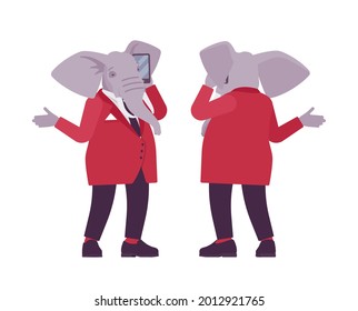 Elephant man, elegant mister, animal head stylish human talking on smartphone. Gentleman, large trunk, ivory tusks, wearing jacket. Vector flat style cartoon illustration, front and rear view