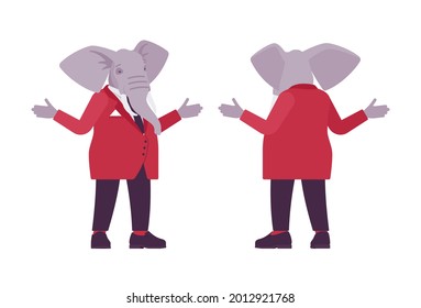 Elephant man, elegant mister, animal head stylish human shrugging shoulders. Dressed up gentleman, large trunk, ivory tusks, wearing jacket. Vector flat style cartoon illustration, front and rear view