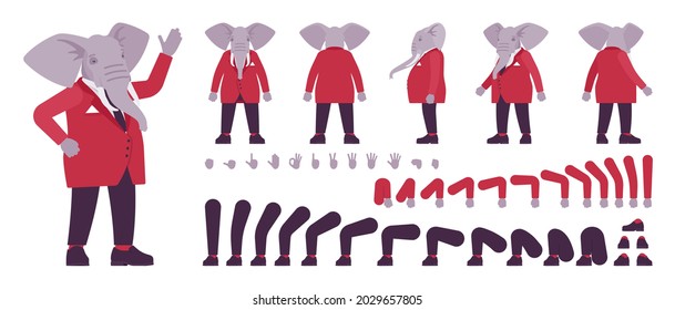 Elephant man, elegant mister, animal head human construction set. Dressed up gentleman having large trunk, ivory tusks, wearing jacket. Cartoon flat style infographic illustration, different gestures