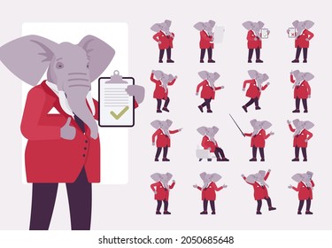 Elephant man, elegant mister, animal head human character set. Dressed up gentleman, businessman, large trunk, ivory tusks, wearing jacket. Full length, different views, gestures emotions, position