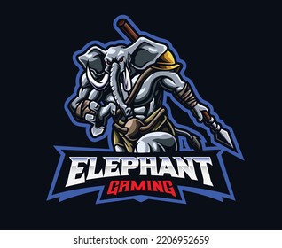 Elephant man mascot logo design. Vector illustration elephant warrior with spear. Logo illustration for mascot or symbol and identity, emblem sports or e-sports gaming team