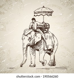 Elephant with man and umbrella Hand drawn illustration