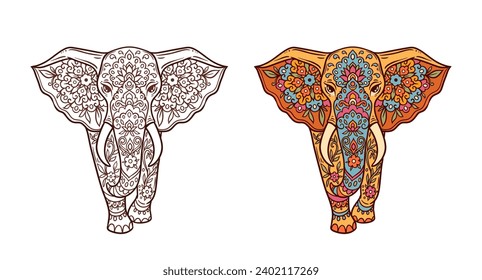 Elephant mandala. Animal Vector illustration. Adult or kids coloring book page in Zen boho style. Antistress Peaceful drawing. Black and white