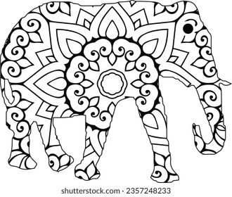 Elephant mandala coloring book. Indian elephant mandala. Ornate elephant. Hand drawn vector illustration.Elephant henna pattern, traditional doodle, ornate black and white mehndi vector done by Sri La