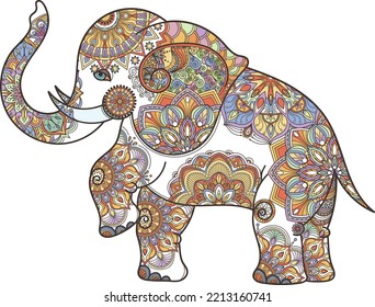 Elephant with mandala ornament. Asian zentangle coloring book animal svg