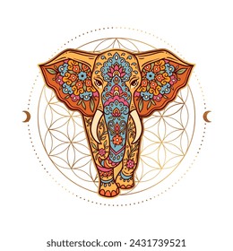 Elephant mandala Retro. Animal Vector illustration Ornamental flower in Zen boho style. Retro Magic drawing with sacred geometry