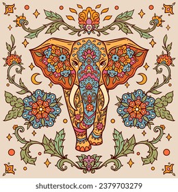 Elephant mandala retro. Vector illustration. Flower Ethnic drawing. Elephante animal nature in Zen boho style. Coloring page, hippie, eastern style