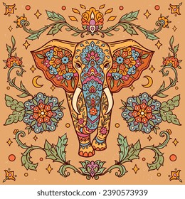 Elephant mandala retro. Vector illustration. Flower Ethnic drawing. Elephante animal nature in Zen boho style. Coloring page, hippie, eastern style