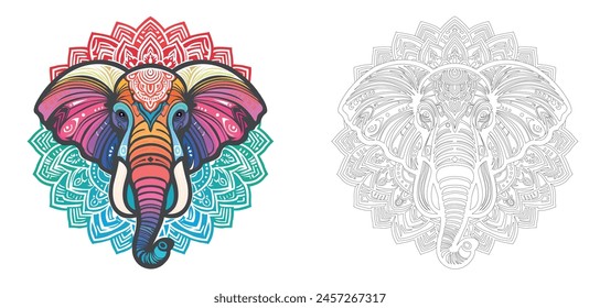 Elephant in mandala style for coloring book, vector illustrations for adults. Anti-stress coloring for adults. Elephant in two versions, colored stripes and black and white.